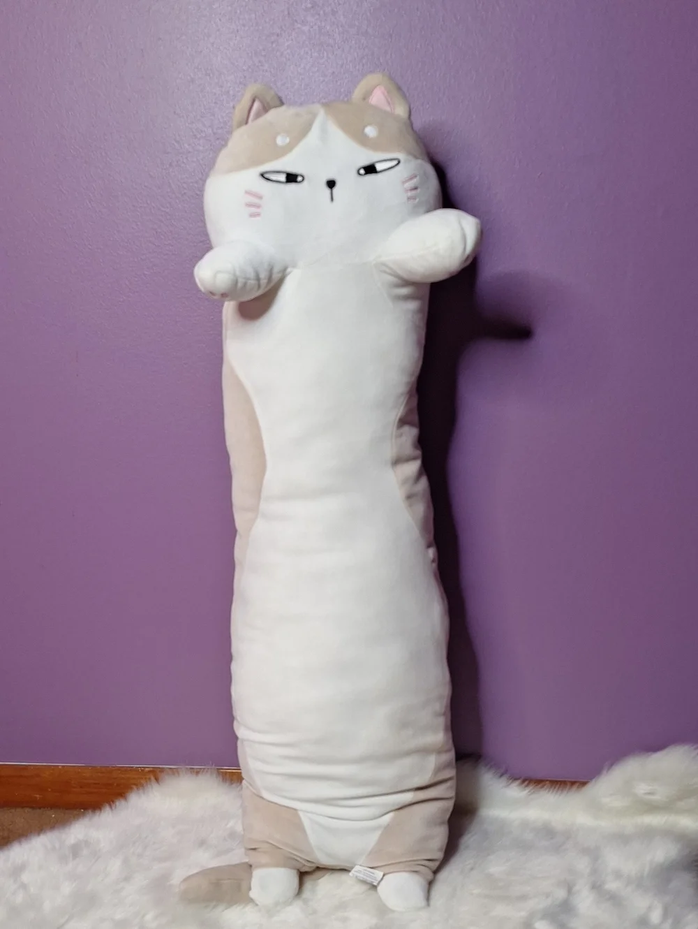 Plush Long Cat Body Pillow - White & Tan